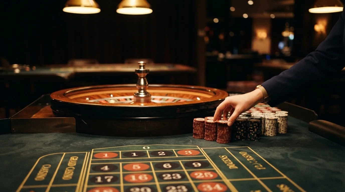 Rulettehjul og sjetonger på grønn filt i varmt kveldslys — 10 kr casinoer i norge