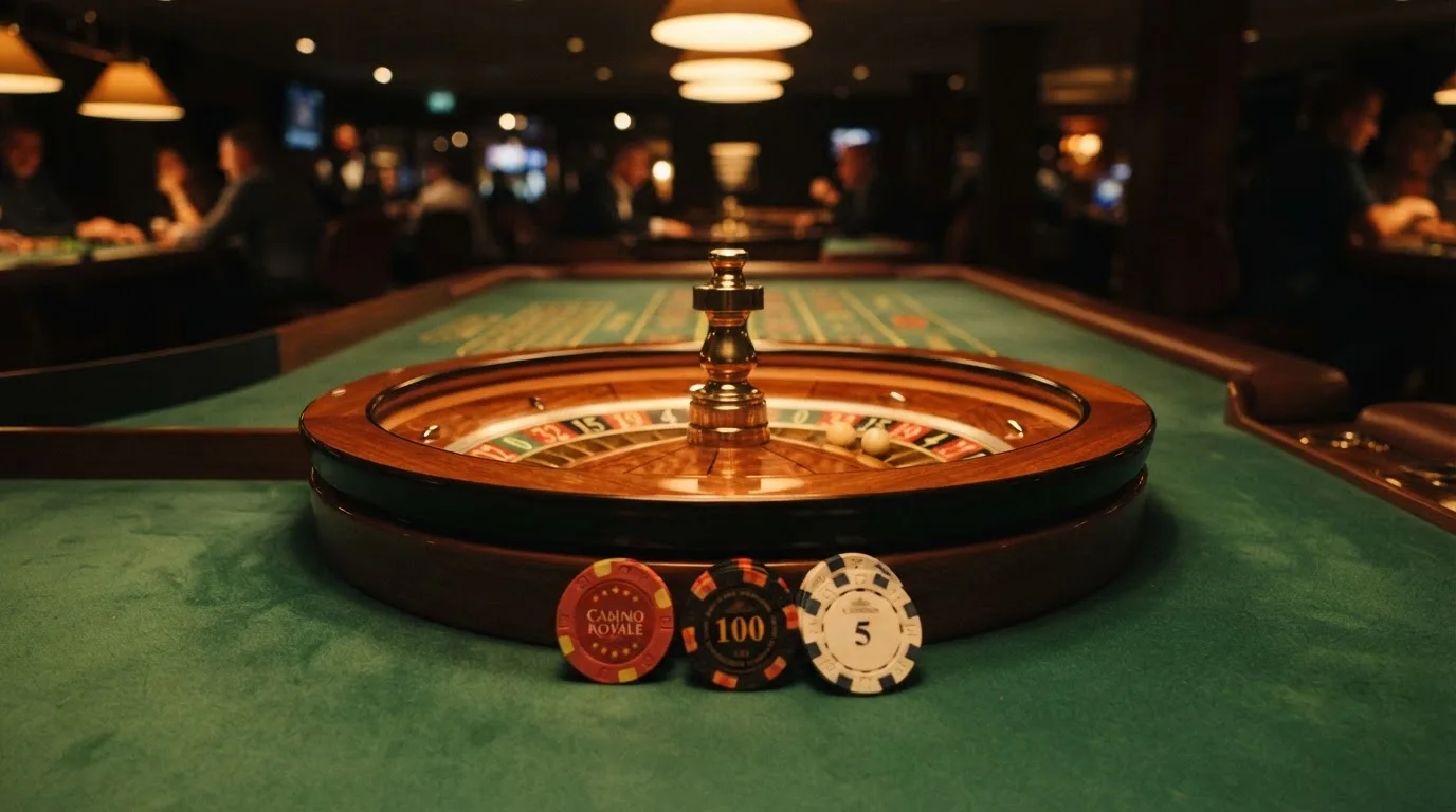 Rulettehjul og sjetonger på grønn filt i varmt kveldslys — 100 kr casinoer i norge