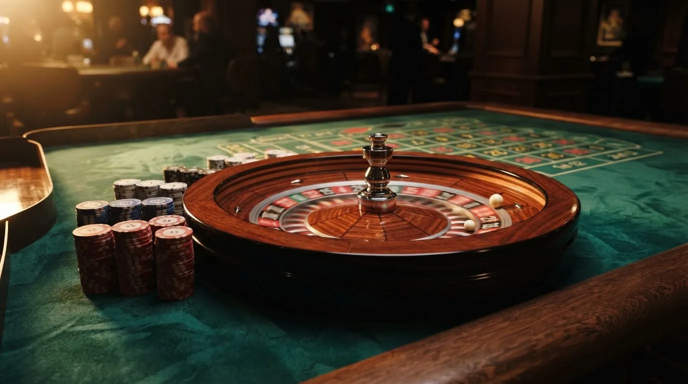 Rulettehjul og sjetonger på grønn filt i varmt kveldslys — 20 kr casinoer i norge