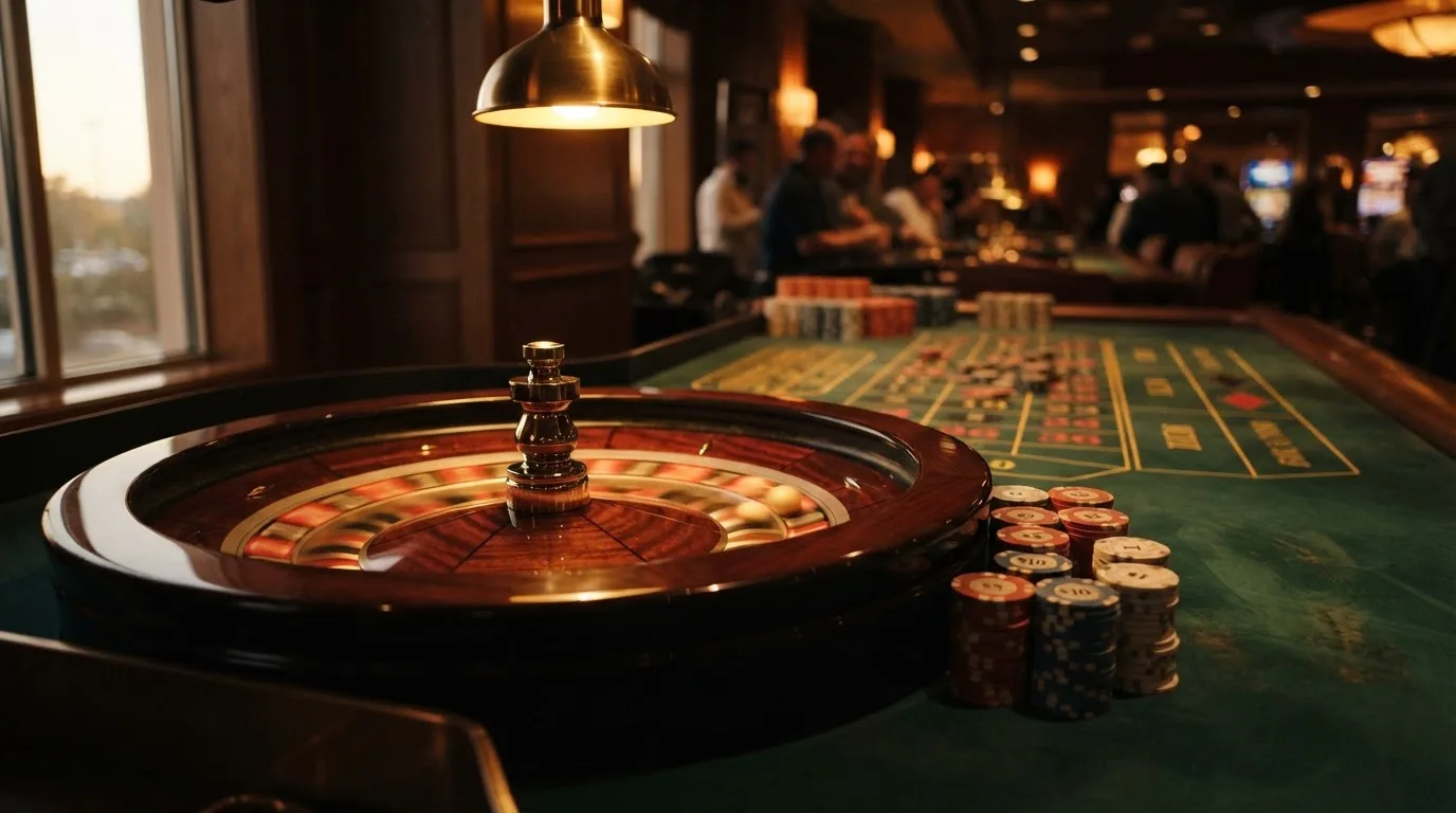 Rulettehjul og sjetonger på grønn filt i varmt kveldslys — beste blackjack i norge