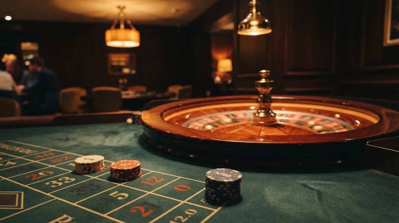 Rulettehjul og sjetonger på grønn filt i varmt kveldslys — beste bonuser på norske casinoer