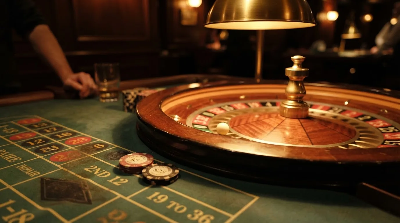 Rulettehjul og sjetonger på grønn filt i varmt kveldslys — beste casino spilleautomater