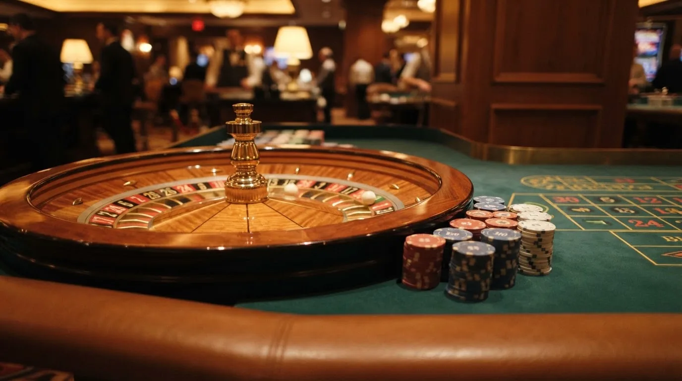 Rulettehjul og sjetonger på grønn filt i varmt kveldslys — beste casinobonuser i norge