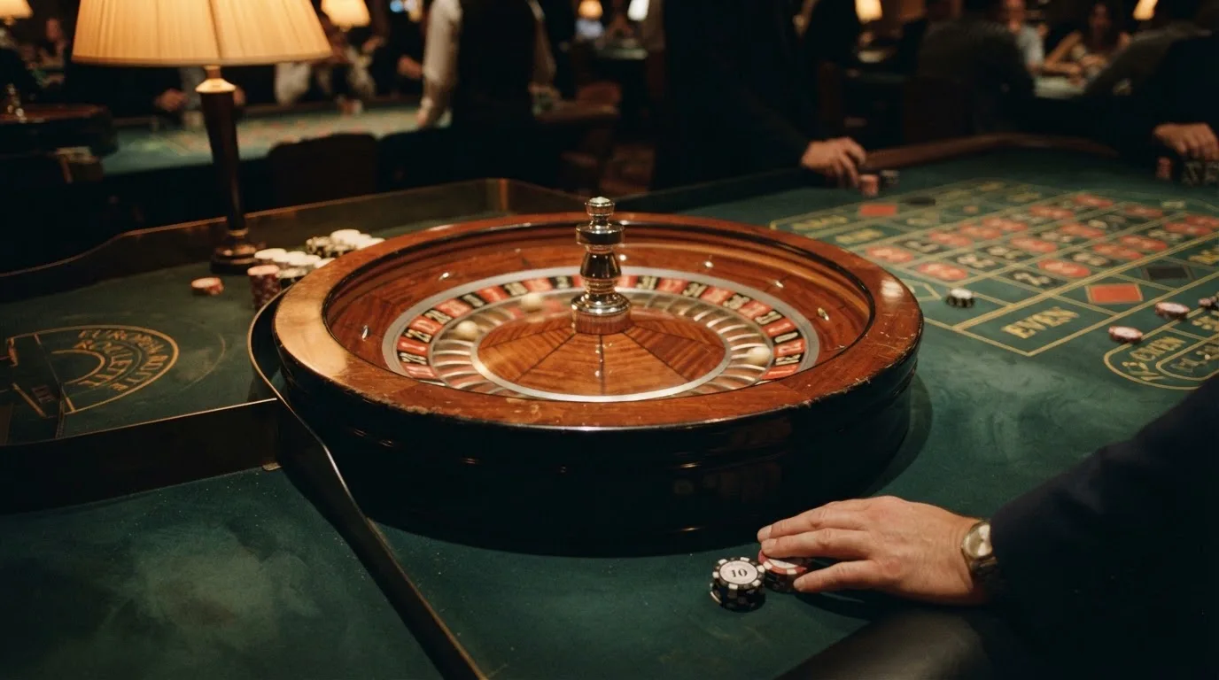 Rulettehjul og sjetonger på grønn filt i varmt kveldslys — beste casinoer med baccarat