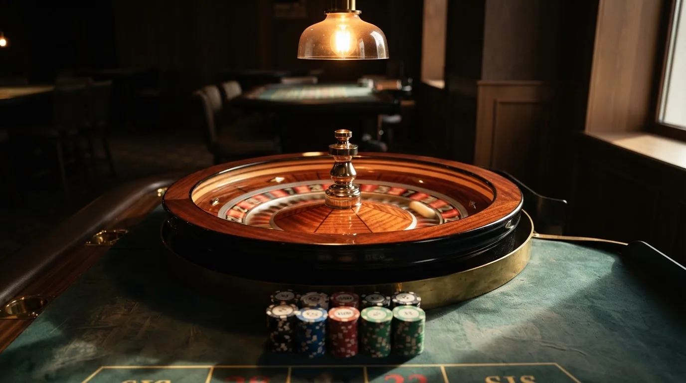 Rulettehjul og sjetonger på grønn filt i varmt kveldslys — beste casinoer med bingo