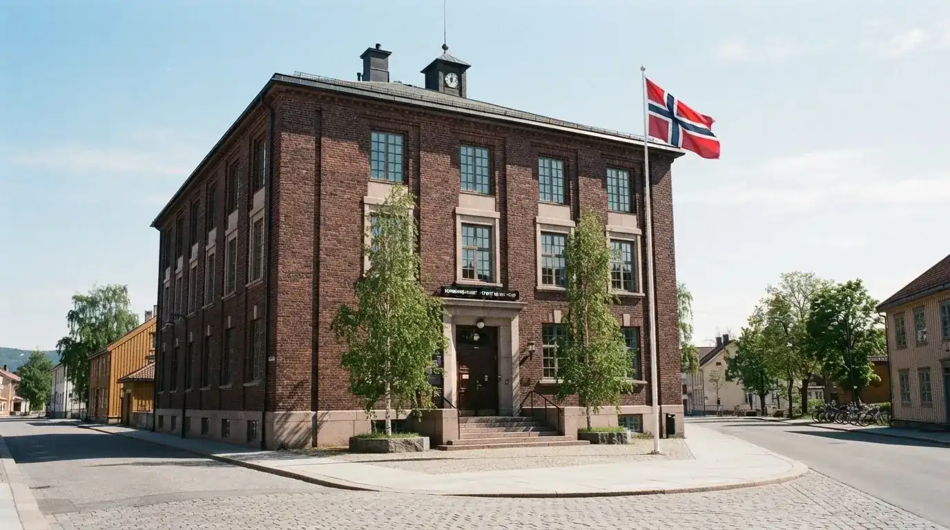 Offentlig kontorbygning i rødt murstein i en norsk by, med et flagg ved inngangen og blå himmel