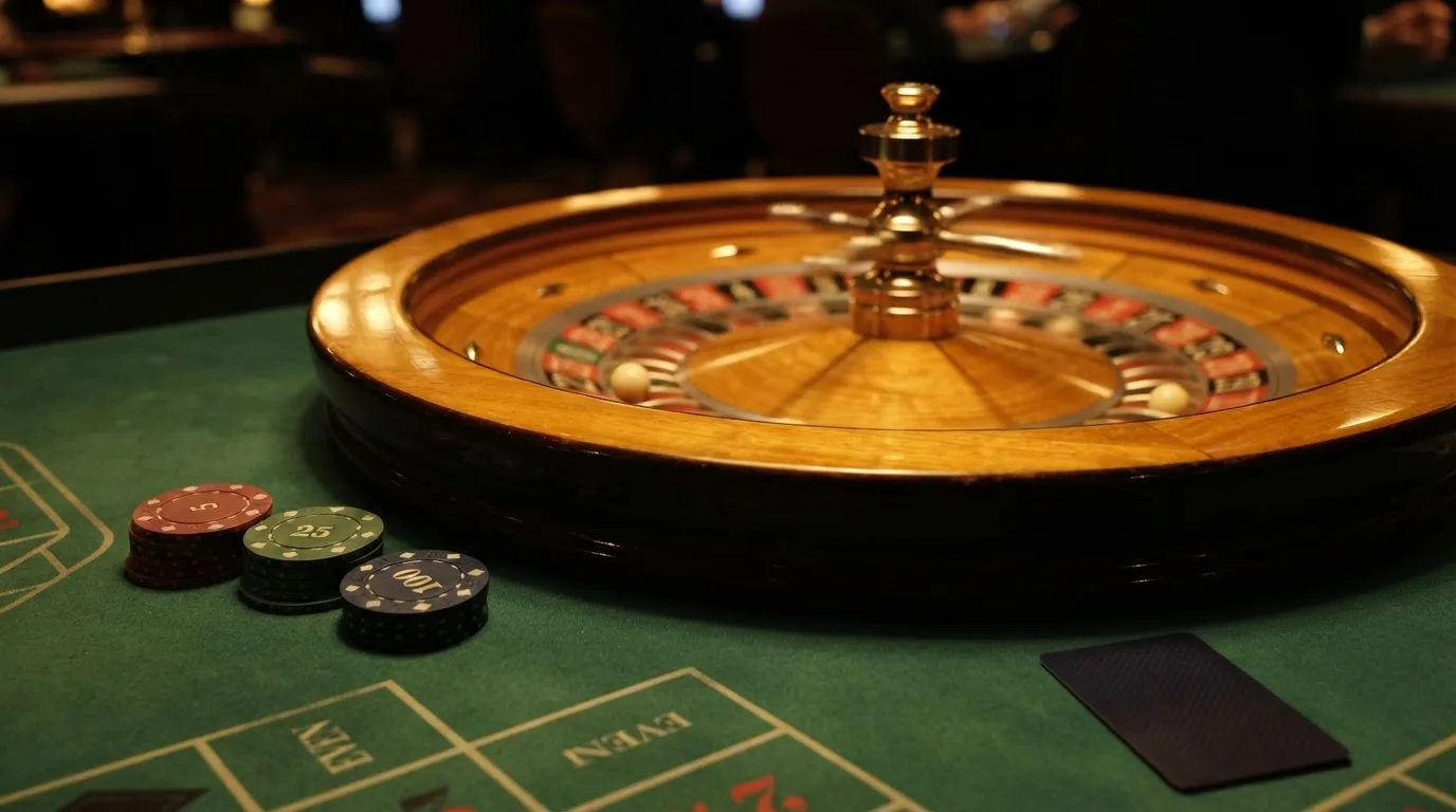 Rulettehjul og sjetonger på grønn filt i varmt kveldslys — beste utenlandske casinoer