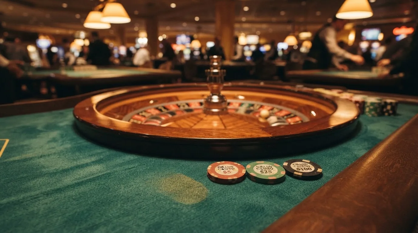 Rulettehjul og sjetonger på grønn filt i varmt kveldslys — bonuser på nettcasino