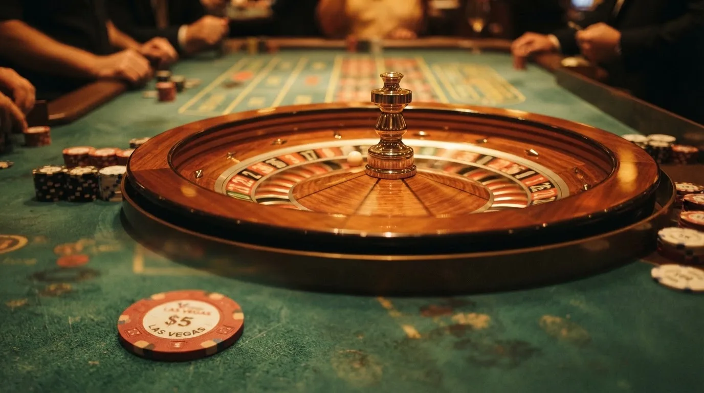 Rulettehjul og sjetonger på grønn filt i varmt kveldslys — casino slots in norway