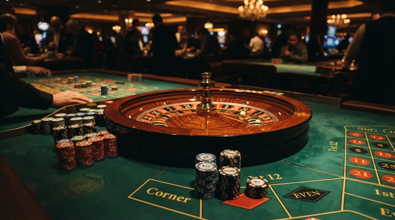 Rulettehjul og sjetonger på grønn filt i varmt kveldslys — casino tipping i norge