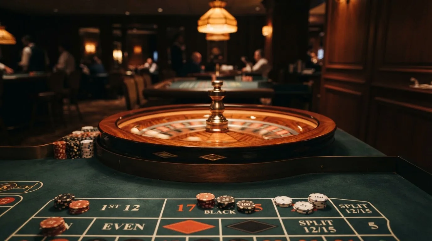 Rulettehjul og sjetonger på grønn filt i varmt kveldslys — casino uten lisens i norge