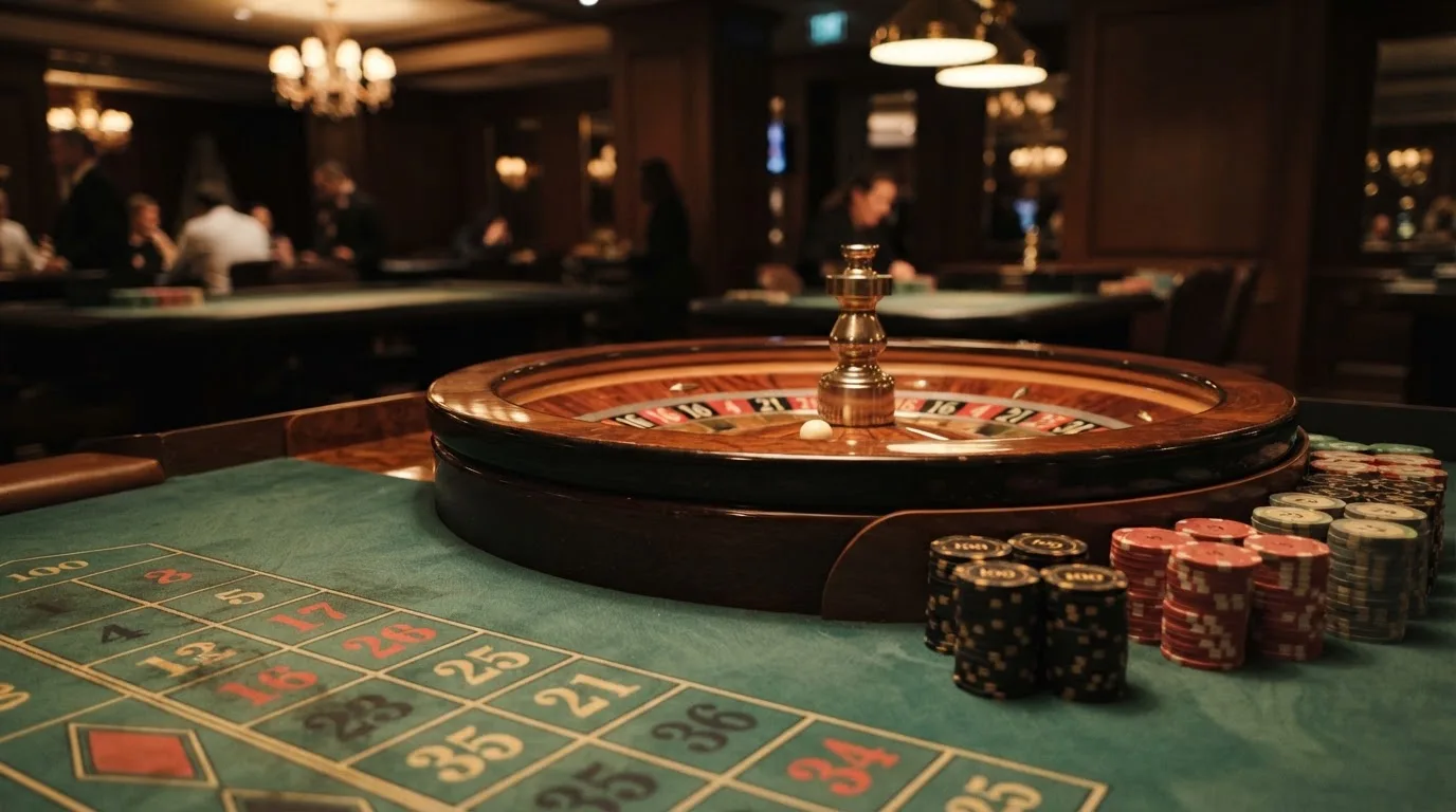 Rulettehjul og sjetonger på grønn filt i varmt kveldslys — casinoer med bitcoin i norge