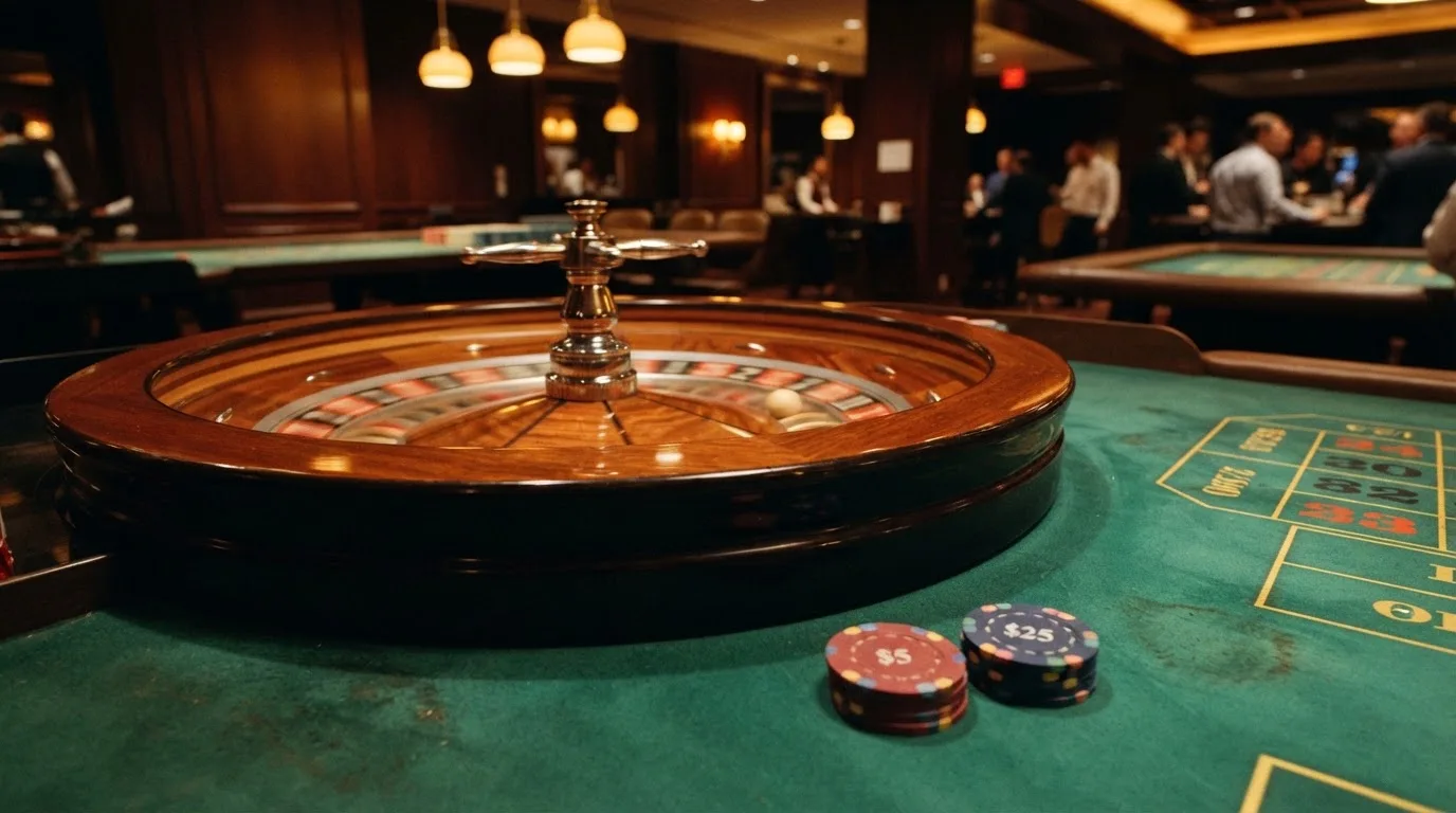 Rulettehjul og sjetonger på grønn filt i varmt kveldslys — casinoer med dogecoin i norge