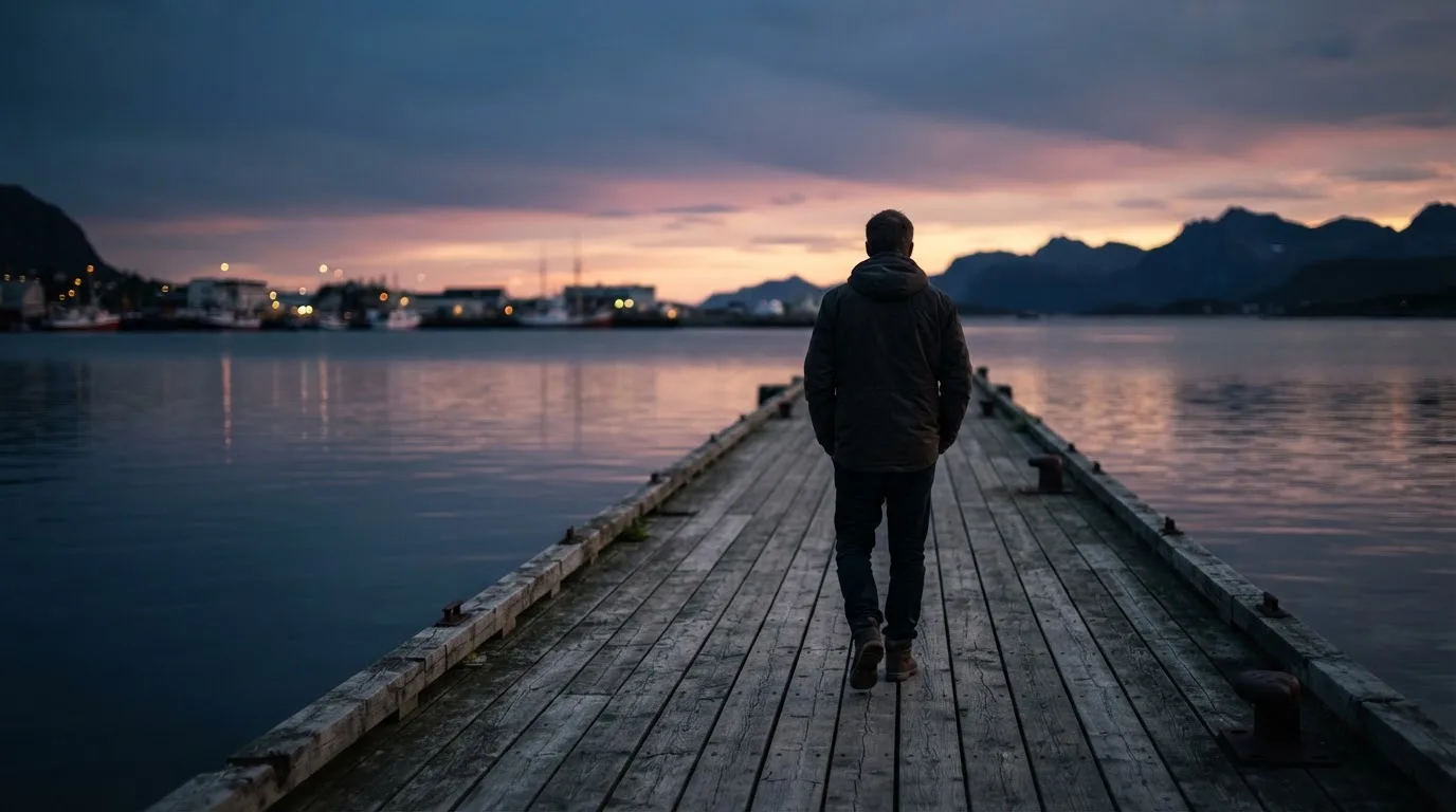 Mann som går hjem fra jobb langs en tom fjordkai i skumringen med hendene i lommene