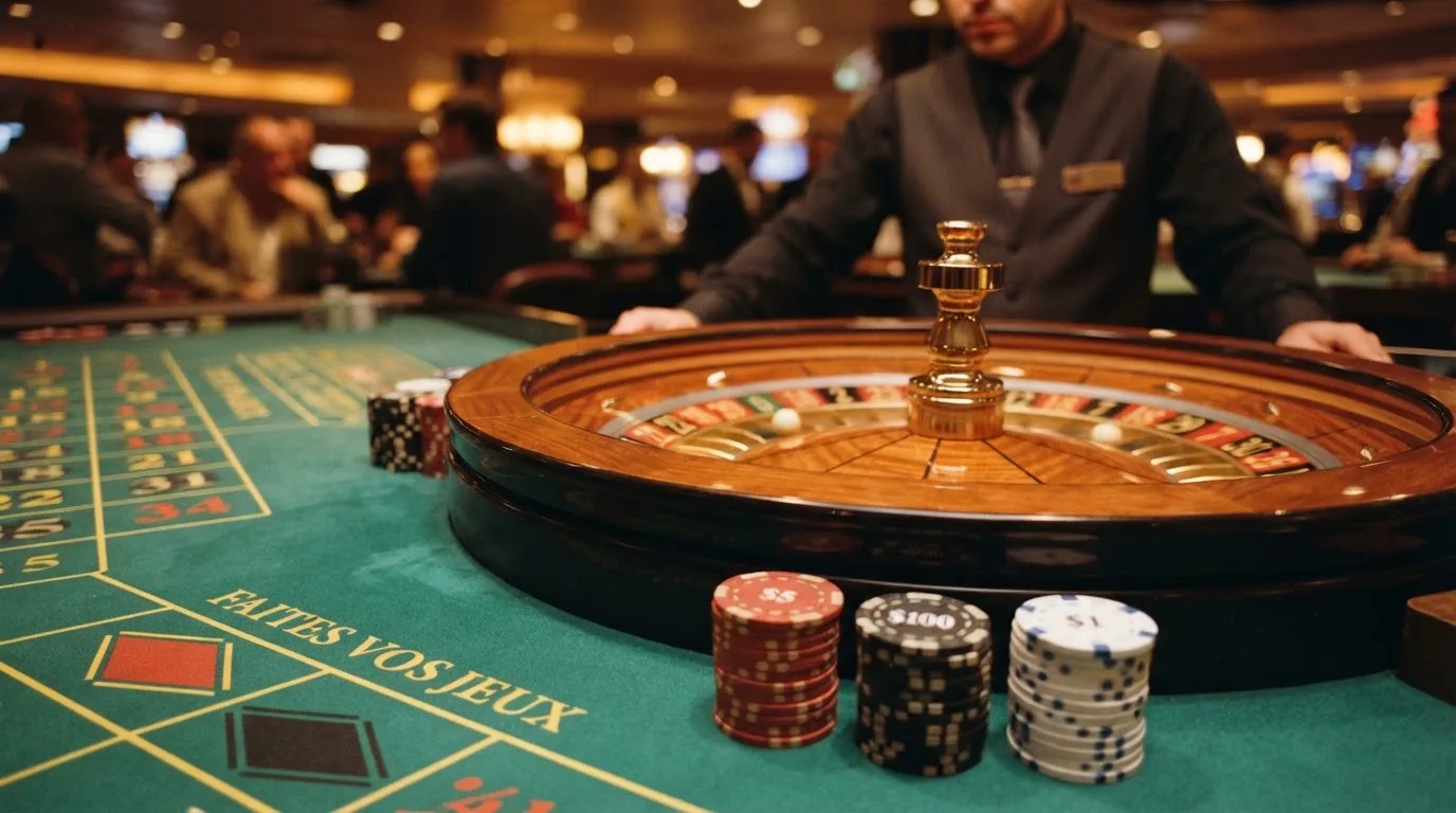 Rulettehjul og sjetonger på grønn filt i varmt kveldslys — live roulette in norway
