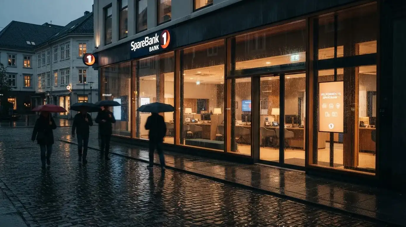 Bankfilial med store vinduer i en norsk by i regnvær, noen med paraplyer utenfor