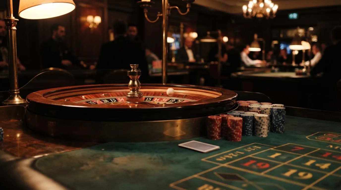 Rulettehjul og sjetonger på grønn filt i varmt kveldslys — norske casinoer på android