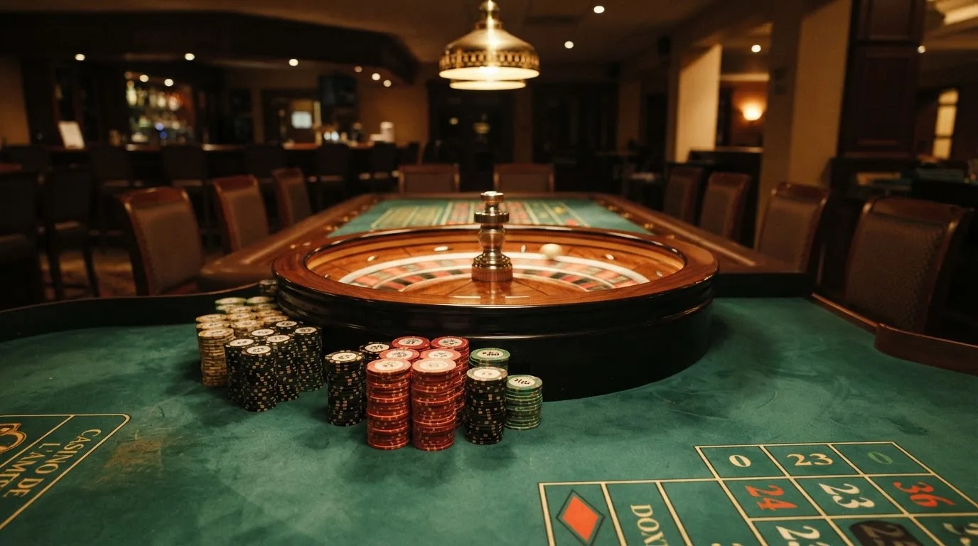 Rulettehjul og sjetonger på grønn filt i varmt kveldslys — norske casinoer på ios